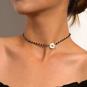 Dainty Black Crystal Bead Choker with Flower Clasp